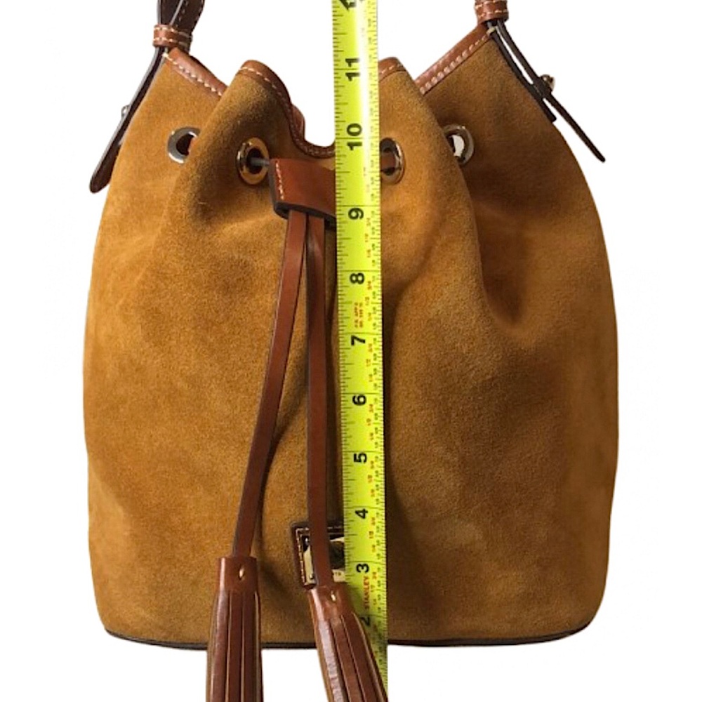 DOONEY BOURKE Honey Suede Bucket Bag w/ Brown Leather Drawstring Tassel Pull - Picture 9 of 17